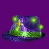 Purple Mardi Gras Sequin Flashing Fedora Hats with Flashing Jade LEDs