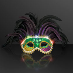 Mardi GRAS LED Light Up Mask, with Festive Feathers