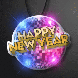 Happy New Year Disco Ball Light Up Blinky Pin on Black String Lanyard