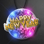 Happy New Year Disco Ball Light Up Blinky Pin on Black String Lanyard